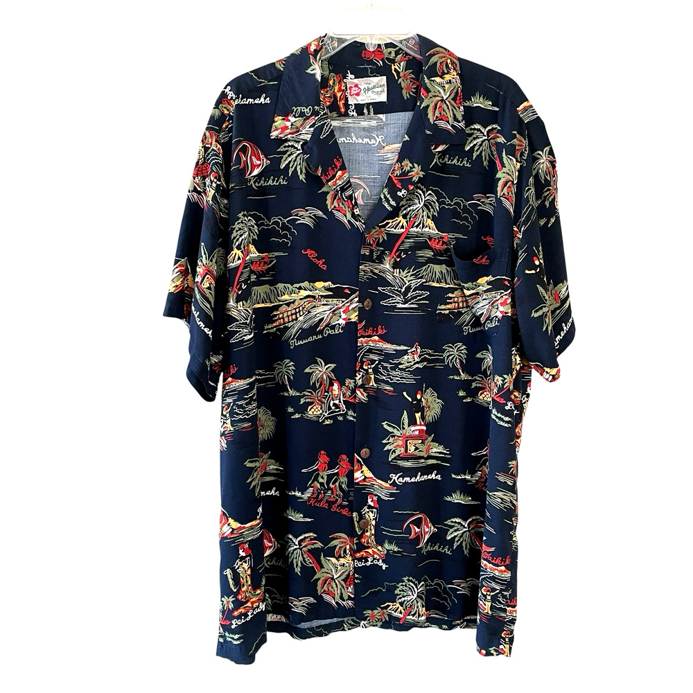 HILO HATTIE Mens Size 2XL Blue Hawaiian Print Short Sleeve Button-Up Shirt FLAW